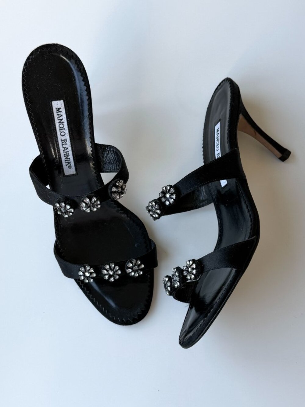 Vintage Manolo Blahnik Black Satin Crystal Mules, IT 39.5, approx. US 8.5-9